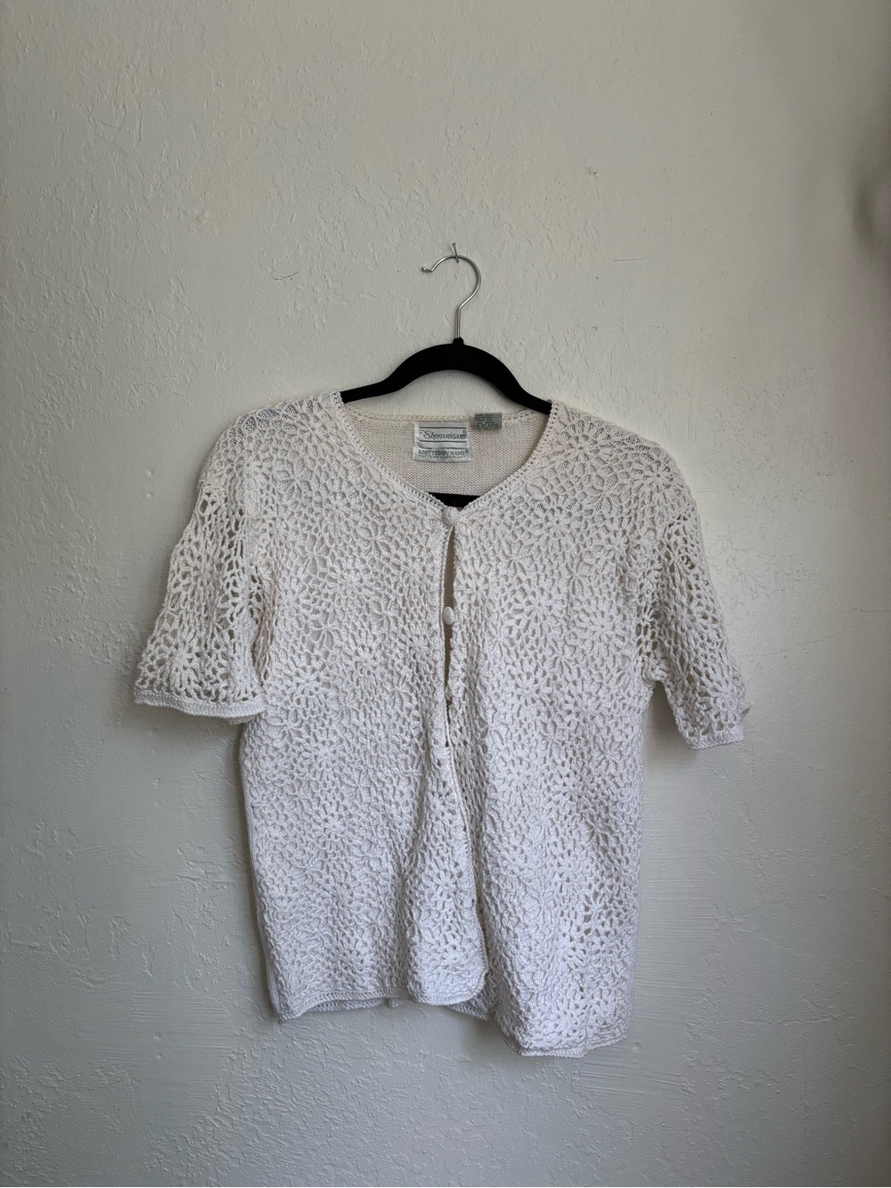 White Crochet Short-Sleeve Cardigan - Lightweight Openwork Knit